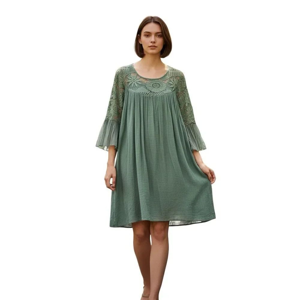 J Gee Dress Embroidered Crochet Lace Babydoll Bell Sleeve Fairy L
